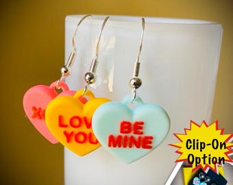 Conversation Hearts Earrings - Valentine’s Candy Heart Earrings - Nickel Free: Valentines Jewelry, Pierced and Clip-On Earrings for Kids