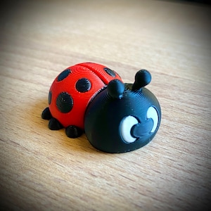 May include: A 3D-printed ladybug figurine. The ladybug has a red body with black spots and a black head with white eyes and antennae. The figurine is on a wooden surface.