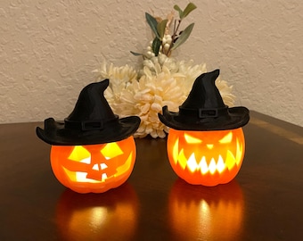 Set of 2 Halloween Pumpkins Jack-o-Lanterns with Witch Hat - 3D printed Glow-in-the-Dark - 3D printed Halloween Decoration Carved Pumpkin