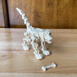 May include: A cream-colored, articulated dog skeleton toy with a matching bone. The dog has a long tail and floppy ears. The toy is made of plastic and is posed on a wooden surface.