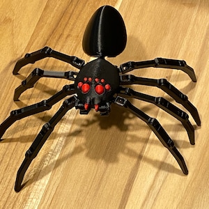 May include: A black plastic spider with eight legs and red eyes. The spider is posed with its legs spread out.