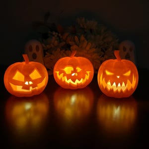 Set of 3 Halloween Pumpkins Jack-o-Lanterns with Tea Light - 3D printed Glow-in-the-Dark - 3D printed Halloween Decoration Carved Pumpkin
