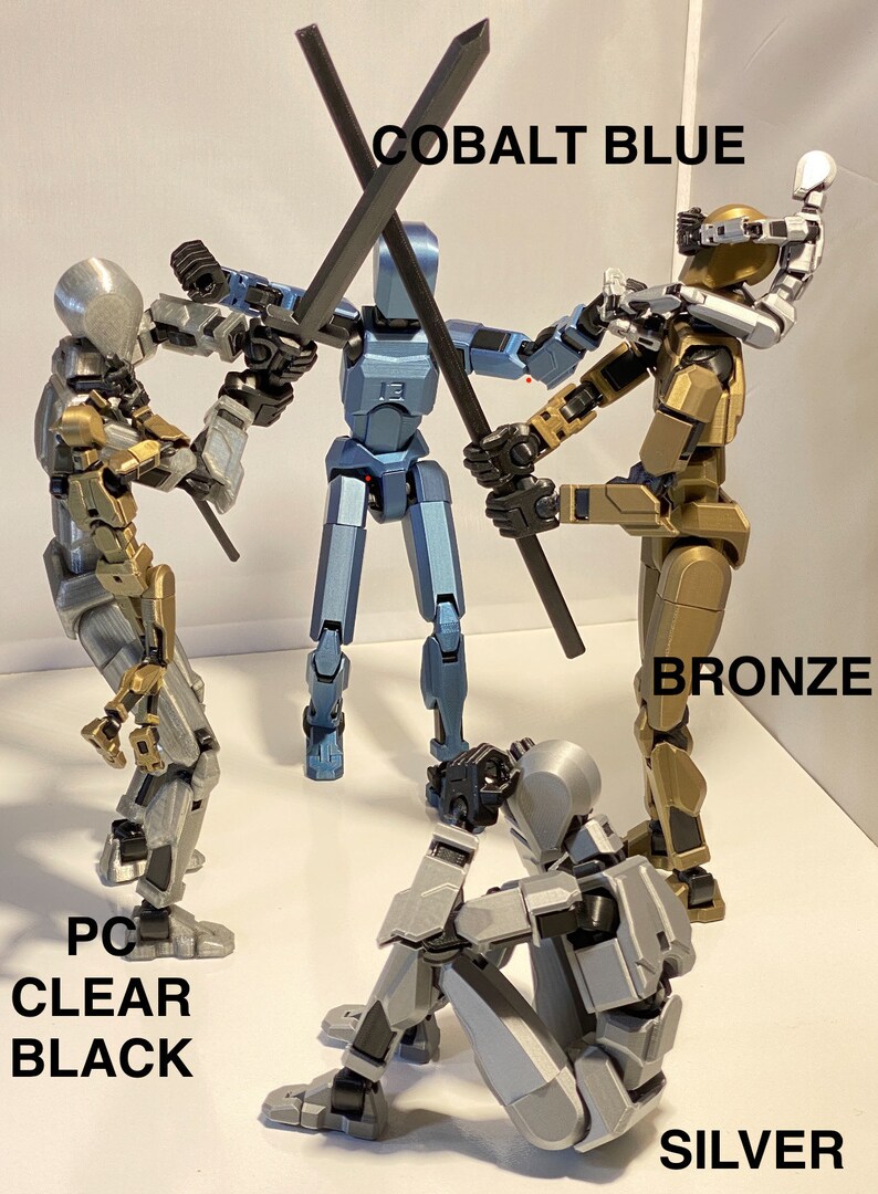May include: Four articulated action figures, each in a different color: cobalt blue, bronze, silver, and clear black. The cobalt blue figure holds a black sword, the bronze figure holds a black sword, and the silver figure is sitting down. The clear black figure is standing with its arms raised.