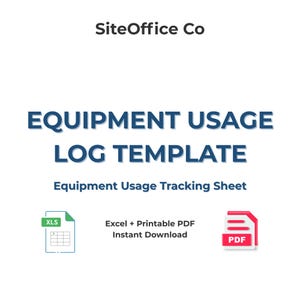Può includere: Su sfondo bianco, il testo "SiteOffice Co" è in alto. Sotto, il testo "EQUIPMENT USAGE LOG TEMPLATE" è visualizzato in grandi lettere blu scuro. Le parole "Equipment Usage Tracking Sheet" sono sotto. Sono visualizzate anche icone di file Excel e PDF.