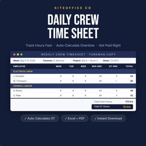 Può includere: Un modello di foglio presenze digitale con la scritta "DAILY CREW TIME SHEET". Il documento include sezioni per i nomi dei dipendenti, le ore di lavoro e i calcoli degli straordinari. Il design è su sfondo blu scuro.