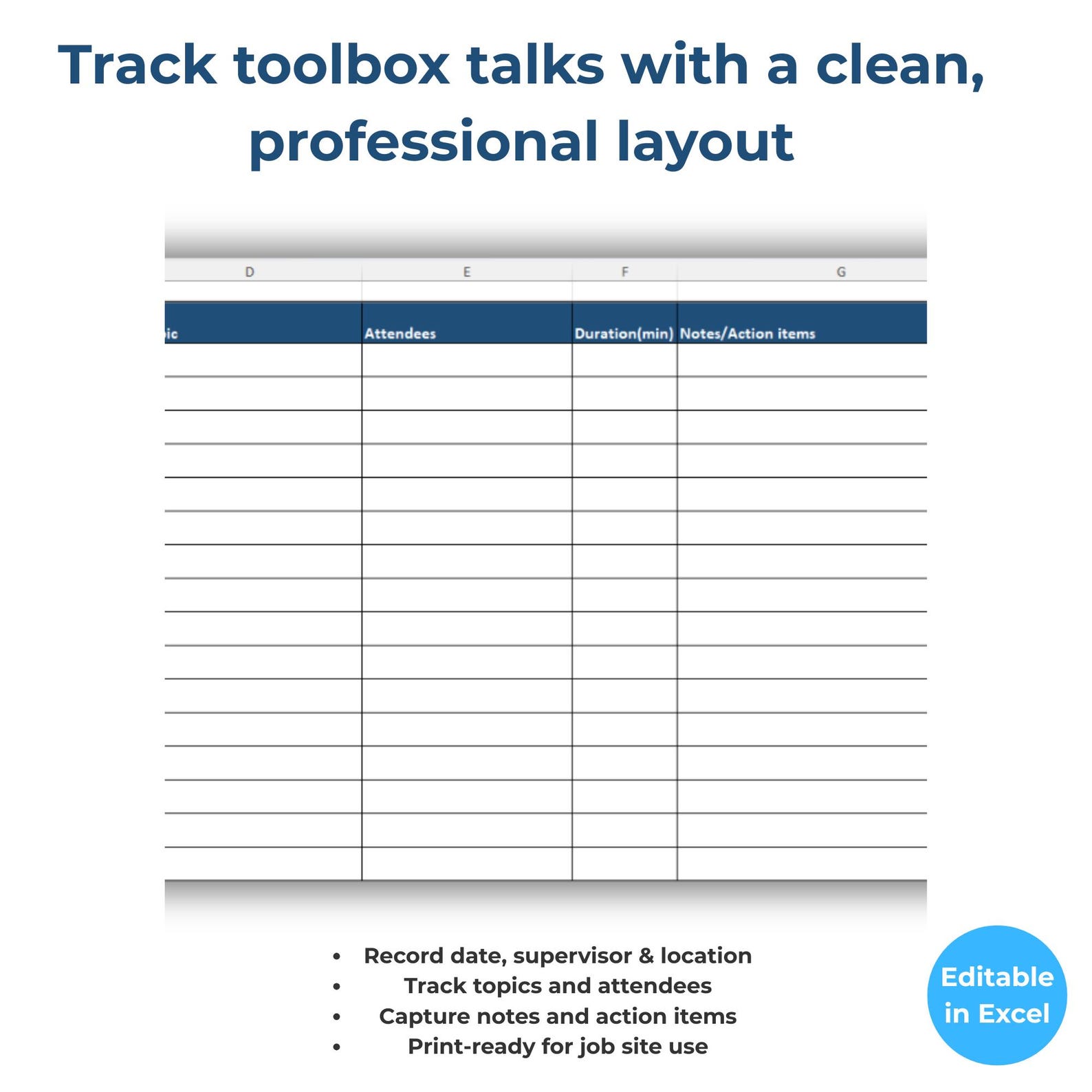 Toolbox Talk Log Template – Construction Safety Meeting Excel + PDF - Etsy