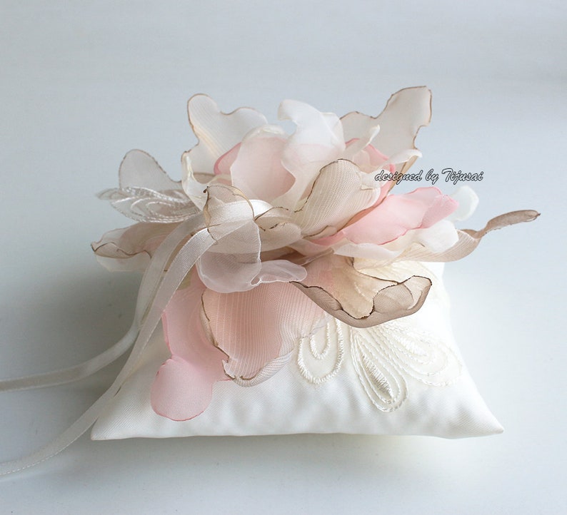 Ivory Wedding ring pillow with ivorybrownpink curly flower and embroidering---ring bearer pillow wedding rings pillow wedding pillow