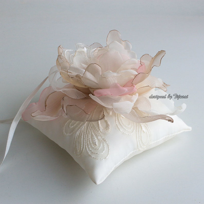 Ivory Wedding ring pillow with ivorybrownpink curly flower and embroidering---ring bearer pillow wedding rings pillow wedding pillow