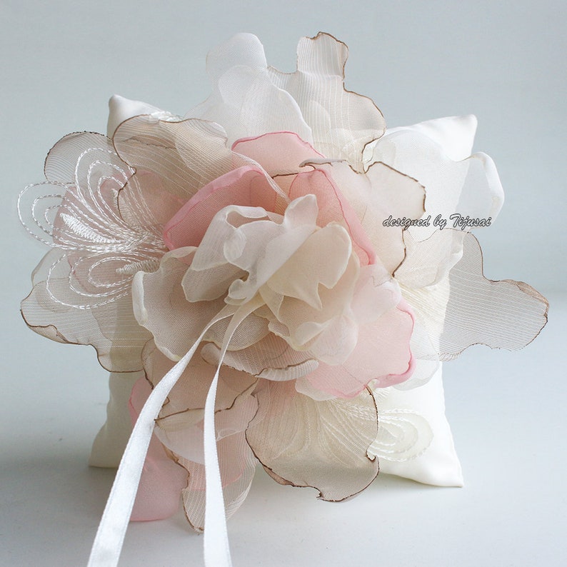 Ivory Wedding ring pillow with ivorybrownpink curly flower and embroidering---ring bearer pillow wedding rings pillow wedding pillow
