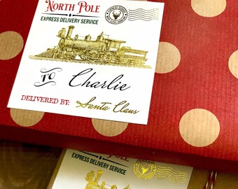 Christmas Train Gift Stickers - GOLD Santa Express Delivery Stickers - North Pole Express Train Delivery Labels - Personalized Stickers