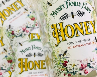 Custom Honey Labels, Honey Stickers, Raw Honey labels, Floral Honey labels, personalized Honey Flower Labels, honeybee Jar Labels