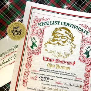 May include: A Christmas-themed "Nice List Certificate" with a gold Santa Claus illustration and red and green accents. The certificate is personalized for "Gigi Hanchin" and includes text from Santa Claus. A gold foil seal and a "Shiny Metallic Effect" sticker are also visible.