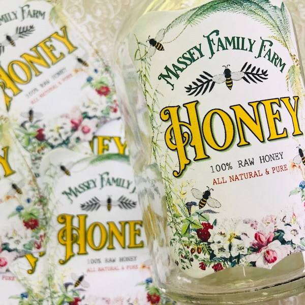 Custom Honey Labels, Honey Stickers, Raw Honey labels, Floral Honey labels, personalized Honey Flower Labels, honeybee Jar Labels