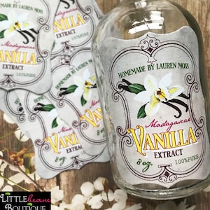 Custom Vanilla Extract Labels, Homemade Vanilla Extract labels, Vanilla Bean, Vanilla Flower Extract bottle labels