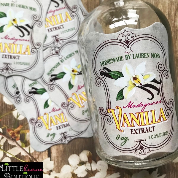 Custom Vanilla Extract Labels, Homemade Vanilla Extract labels, Vanilla Bean, Vanilla Flower Extract bottle labels