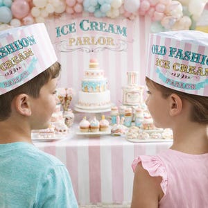 Sombreros de fiesta de helado imprimibles, sombreros de Soda Jerk para niños, fiesta de cumpleaños de helado, heladería vintage, sombreros de helado DIY para niños