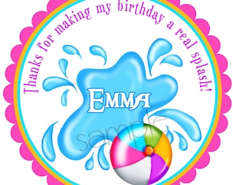 Pool party stickers, personalized,  girl, Summer, Beach, Tropical, Birthday, Favor, Custom, Set of 12
