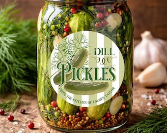 Personalized Dill Pickle Canning Jar Labels, Garden Harvest Mason Jar Stickers