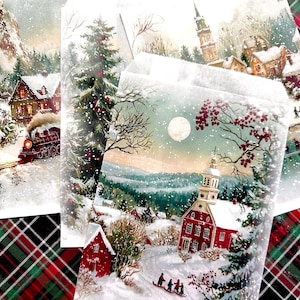 May include: A set of Christmas-themed paper envelopes featuring winter scenes. The envelopes depict snowy landscapes with houses, churches, a train, and people sledding. The color palette includes red, white, and green.