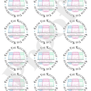 May include: Nine round stickers with a mason jar design. The stickers are in shades of blue, pink, and green. The text on the stickers reads "From the Kitchen of Lauren Taylor".