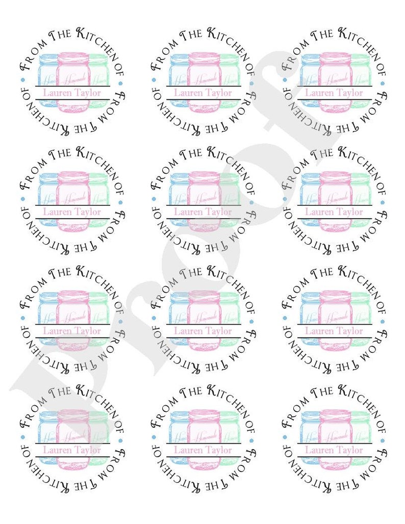 May include: Nine round stickers with a mason jar design. The stickers are in shades of blue, pink, and green. The text on the stickers reads "From the Kitchen of Lauren Taylor".