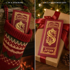 May include: A rectangular maroon card with gold foil text and ornate borders. The card reads Santa's Official Bankvault and features a large gold dollar sign. One version is tucked into a knit stocking, and another is attached to a gift with a red ribbon.