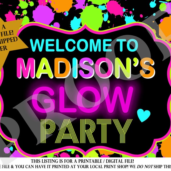Printable GLOW Poster, DIY, 24 x 36 inch backdrop sign, Glow party, Glow Birthday party, Glow banner, Decorations, Neon, 80's