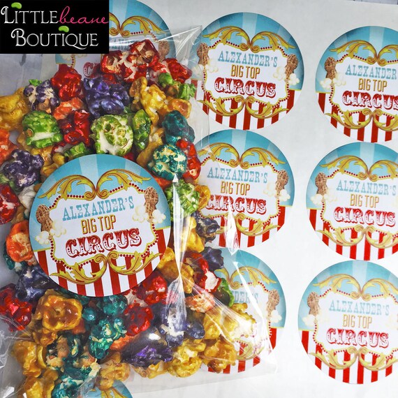 Circus Party stickers, Circus Stickers, Circus Favor labels , Big Top Circus labels, Carnival Stickers, Carnival Party, Popcorn labels Il_570xn