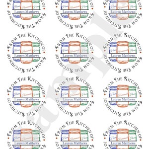 May include: Nine round labels with a rustic design featuring three jars with lids, the text "From the Kitchen of" and a name. The jars are in shades of blue, green, and orange.