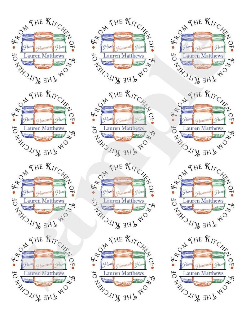 May include: Nine round labels with a rustic design featuring three jars with lids, the text "From the Kitchen of" and a name. The jars are in shades of blue, green, and orange.