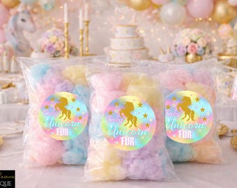 Unicorn Birthday Party Favor Stickers, Pastel Rainbow Cotton Candy Labels
