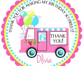 Ice Cream Birthday Party Stickers, Ice cream and Balloons, girls, Vintage Ice cream Truck, Birthday Party, Children