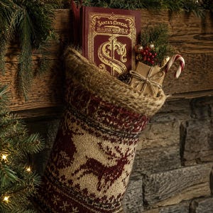 May include: A knit Christmas stocking featuring a dark red and beige reindeer pattern with a jute-textured cuff. Inside the stocking is a maroon book titled Santa's Official Bank Vault, a small brown gift box tied with twine, and a candy cane.