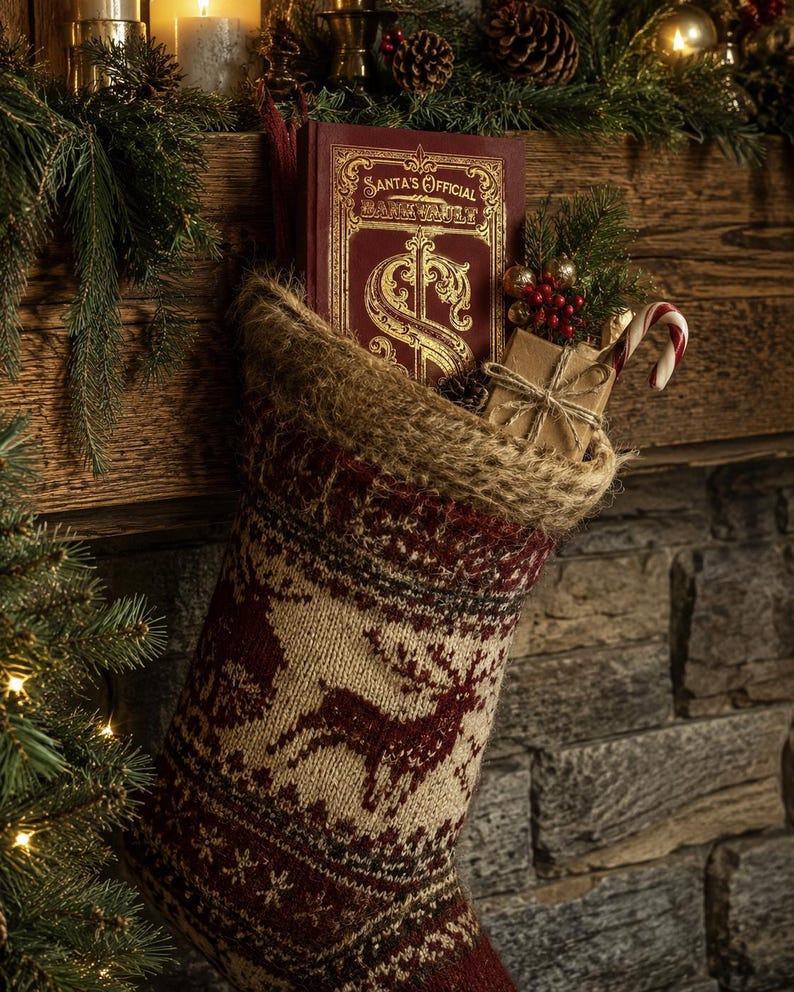 May include: A knit Christmas stocking featuring a dark red and beige reindeer pattern with a jute-textured cuff. Inside the stocking is a maroon book titled Santa's Official Bank Vault, a small brown gift box tied with twine, and a candy cane.