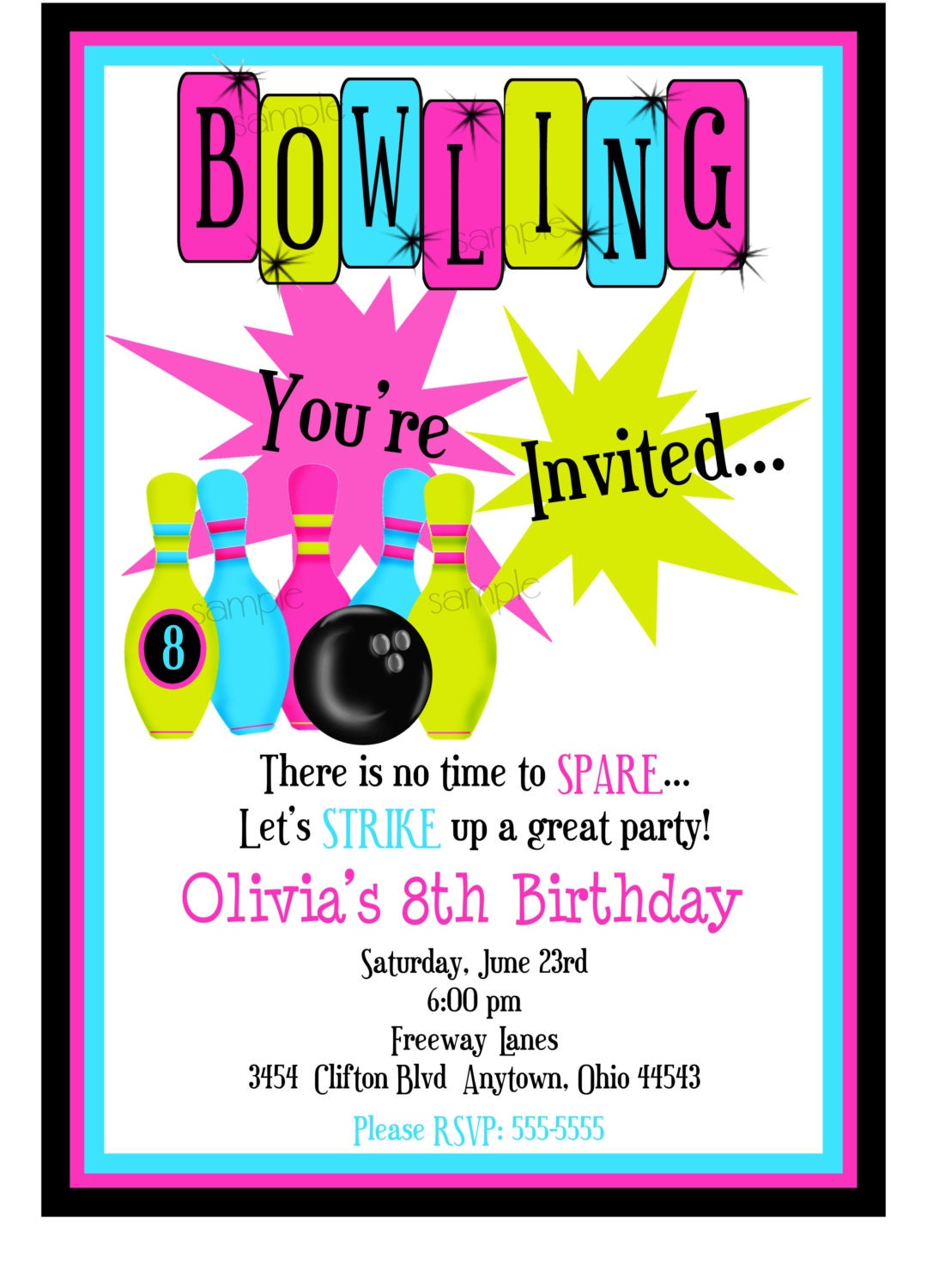  Bowling Birthday Invitation, bowling invitations for kids  birthday, rainbow neon glow bowling Birthday party Invitations, 25 Invitations  Cards and Envelopes, Let's Strike Up Some Fun Bowling Party Invitation  MD1019 