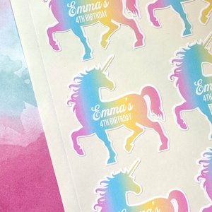 Pastel Unicorn Stickers, Unicorn Party, Rainbow Unicorn Birthday party, Unicorn Fur, Unicorn Hair, Personalized stickers, Die cut labels