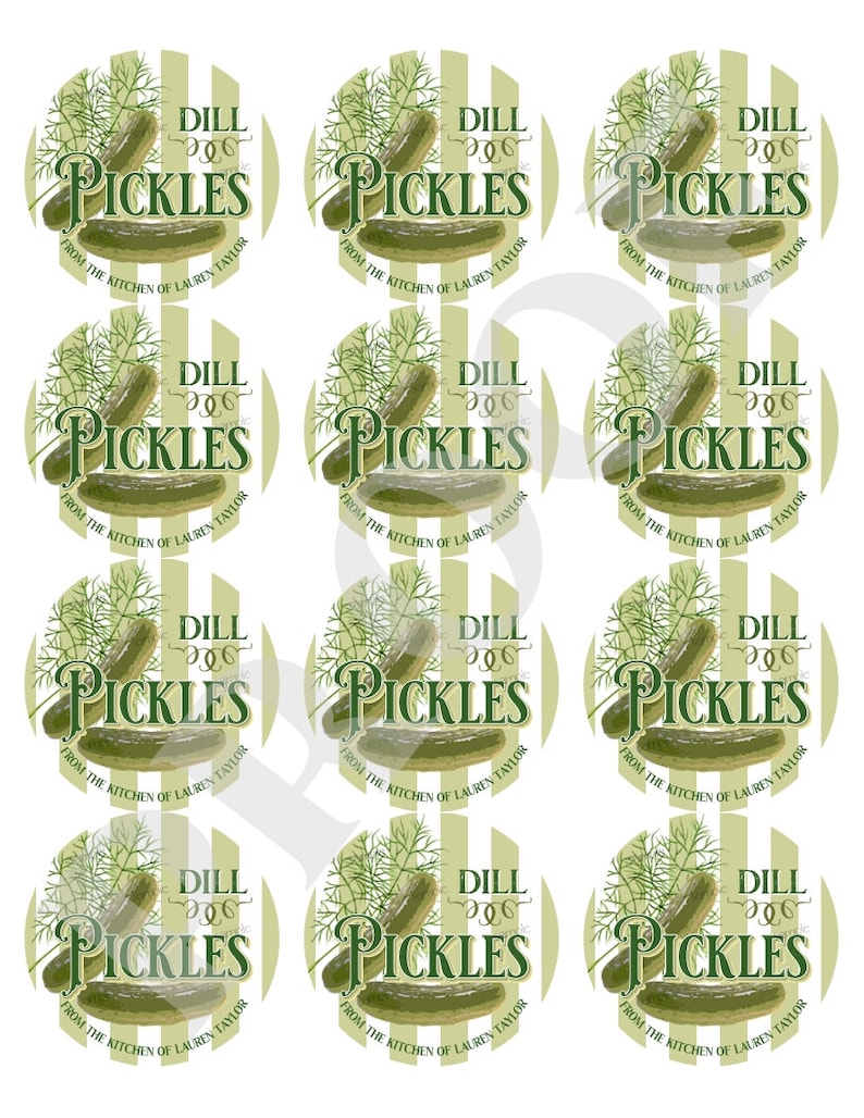 Pu&ograve; includere: Dodici etichette rotonde verdi e bianche con sfondo a righe. Le etichette mostrano un disegno di sottaceti e il testo "Dill Pickles" e "From the Kitchen of Lauren Taylor".