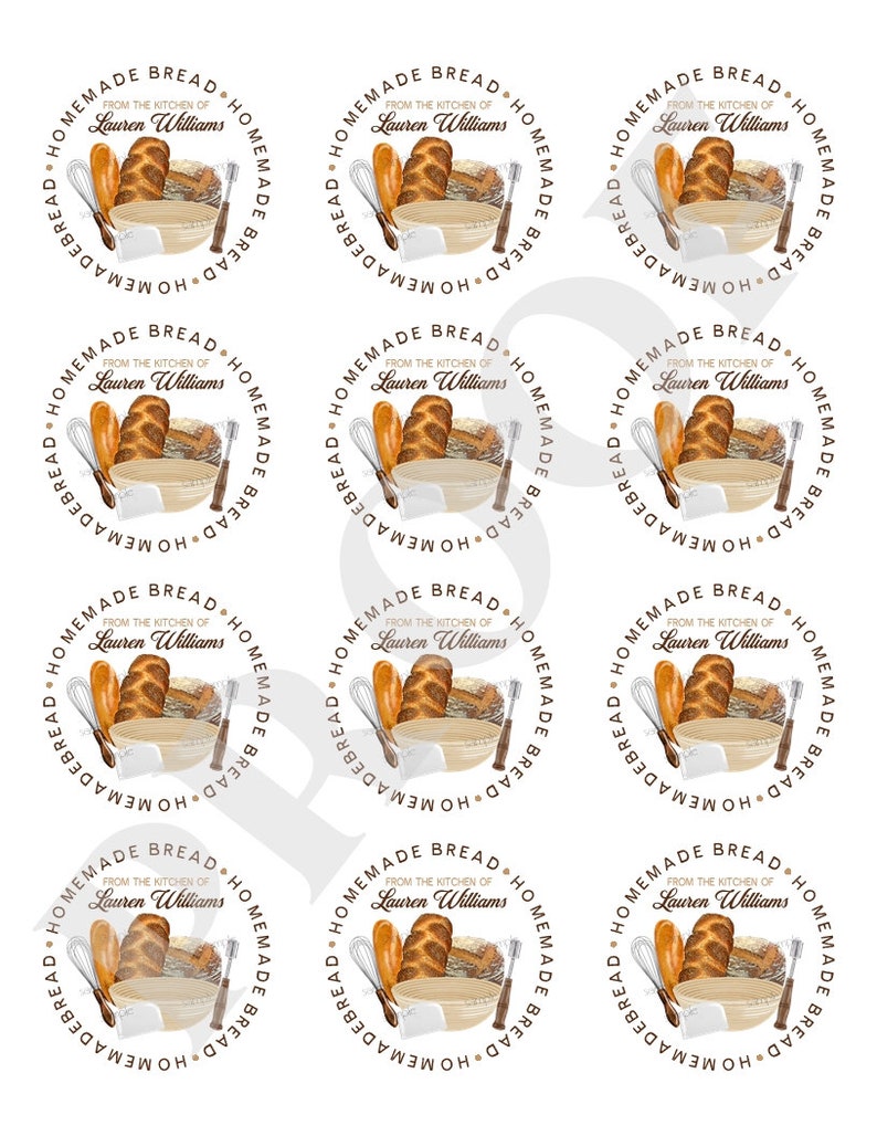 May include: Nine round, white, sticker labels with brown text that reads "Homemade Bread from the kitchen of Lauren Williams". Each label features a watercolor illustration of a loaf of bread, a bowl, a whisk, and a wooden spoon.