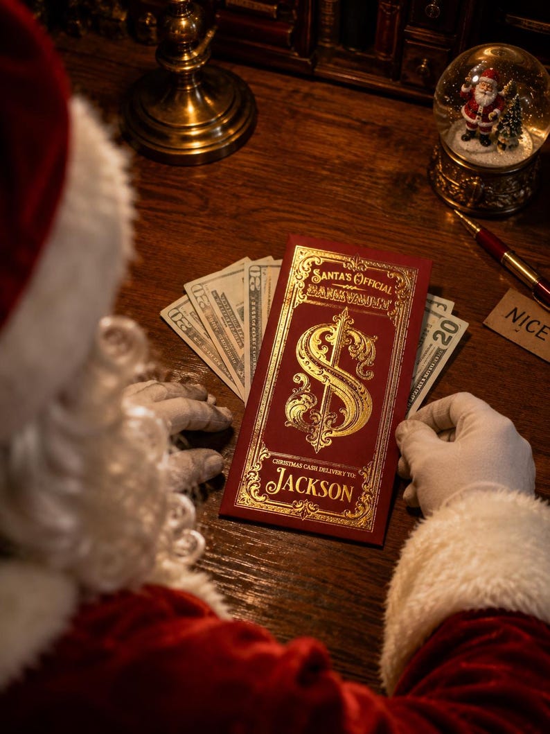 May include: A rectangular red envelope with gold foil detailing featuring the text Santa's Official Bank Vault and Christmas Cash Delivery To: Jackson, with a large gold dollar sign symbol, positioned over a fan of twenty-dollar bills.