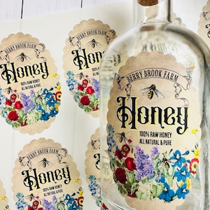 Custom Honey Labels, Wildflower Honey Stickers, Raw Honey Bottle labels, Floral Honey labels, Honeybee labels, personalized honey Labels