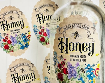 Custom Honey Labels, Wildflower Honey Stickers, Raw Honey Bottle labels, Floral Honey labels, Honeybee labels, personalized honey Labels