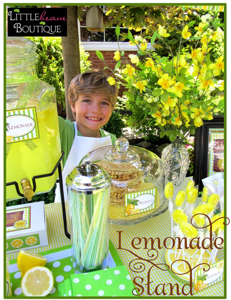 May include: A lemonade stand with a yellow pitcher, a glass jar of straws, a glass dome with lemon-shaped cookies, and lemon-shaped lollipops. The stand is decorated with yellow and green striped paper and a sign that says "Lemonade Stand".