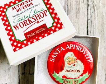 Personalized Santas Nice List Badge - 2021 Kids Nice List Button with gift box - Authentic Santas Workshop Pin Button - Special Delivery