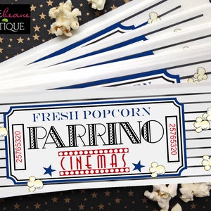 May include: A stack of white tickets with blue and black trim. The tickets have the text "Fresh Popcorn Parrino Cinemas" and the number "25765320".