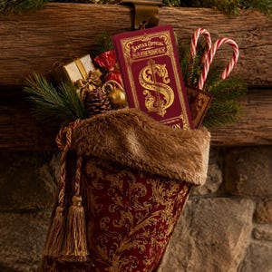 May include: A deep red Christmas stocking with gold damask patterns, a faux fur cuff, and gold tassels. Inside are pine branches, candy canes, a small gold gift, and a rectangular card labeled Santa's Official Bank Vault with a gold dollar sign.