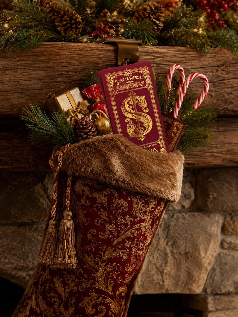 May include: A deep red Christmas stocking with gold damask patterns, a faux fur cuff, and gold tassels. Inside are pine branches, candy canes, a small gold gift, and a rectangular card labeled Santa's Official Bank Vault with a gold dollar sign.
