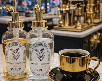 Waterproof Coffee Syrup Labels, GOLD Coffee Syrup Pump Labels, Coffee Bar, Syrup Bottle Labels, Apothecary style labels, Vintage Coffee Bar