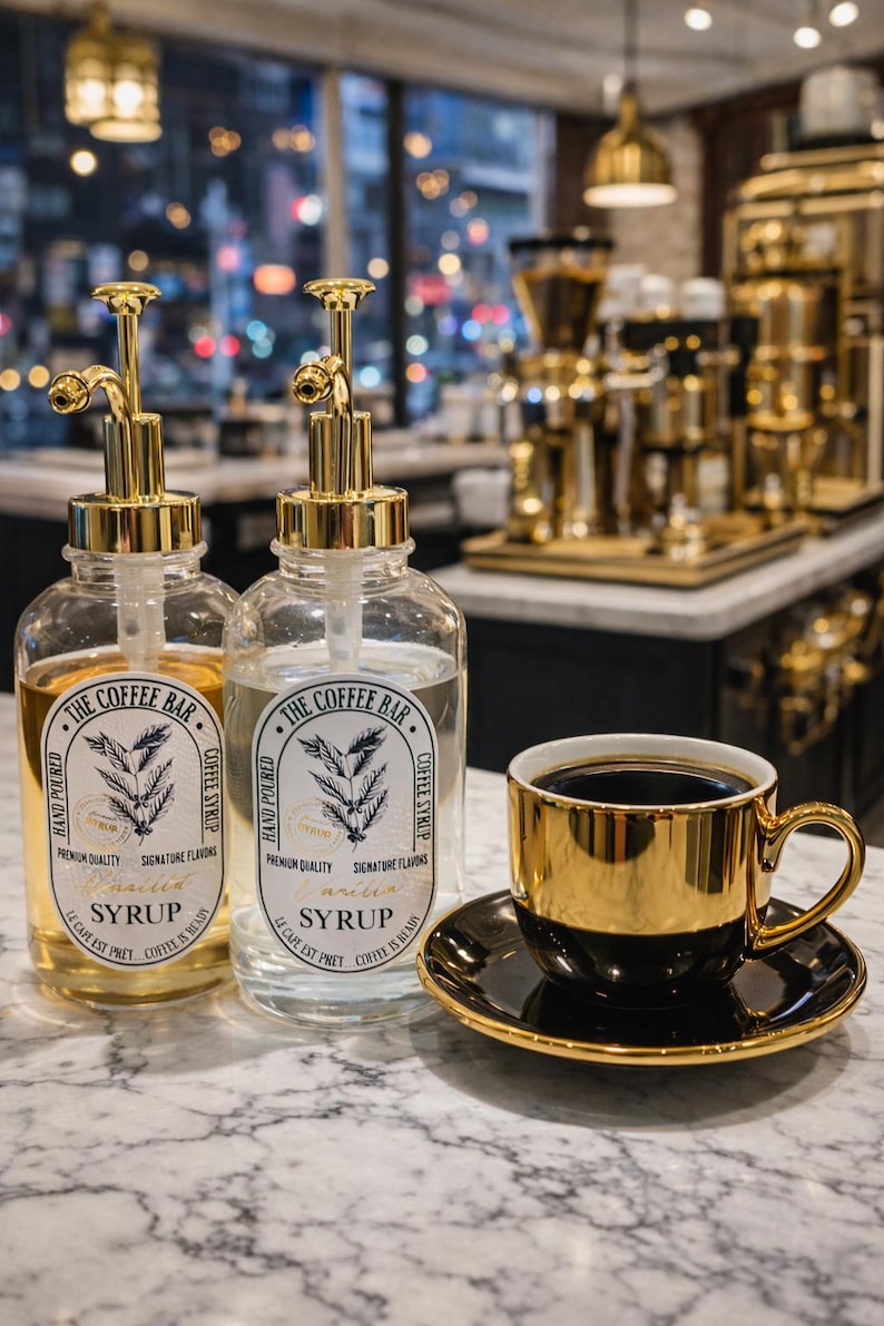 Coffee Syrup Labels, GOLD Waterproof Bottle Labels, vintage Coffee Bar, Apothecary style, Pick your Flavor image 2