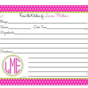 Personalized Recipe Cards, Monogram Recipe cards, Initials, Baking, Cooking, Kitchen, CUSTOM COLORS, Set of 12 image 1