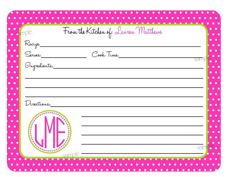 Personalized Recipe Cards, Monogram Recipe cards, Initials, Baking, Cooking, Kitchen, CUSTOM COLORS, Set of 12 image 1